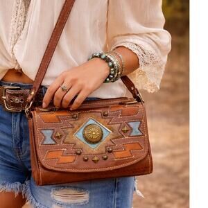 American West Genuine Leather Tooled Crossbody Bag Wallet Boho Western Studded